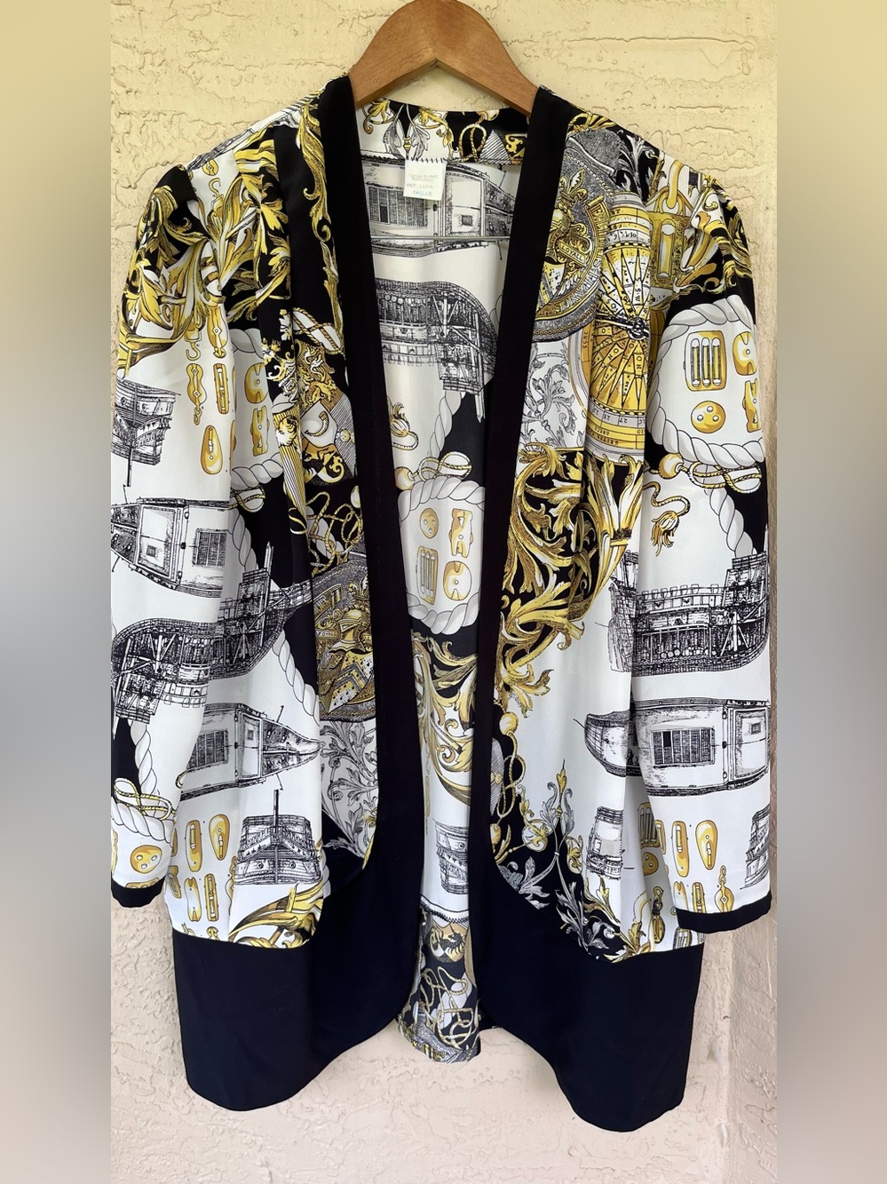 Vintage Made in France Nautical Baroque Print Open Front Jacket Size 2